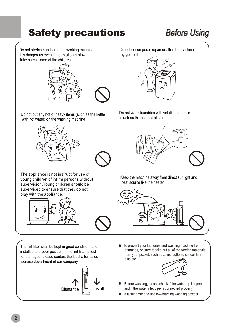 Safety precautions, Before using | haier HWM90-98 User Manual | Page 4 / 20