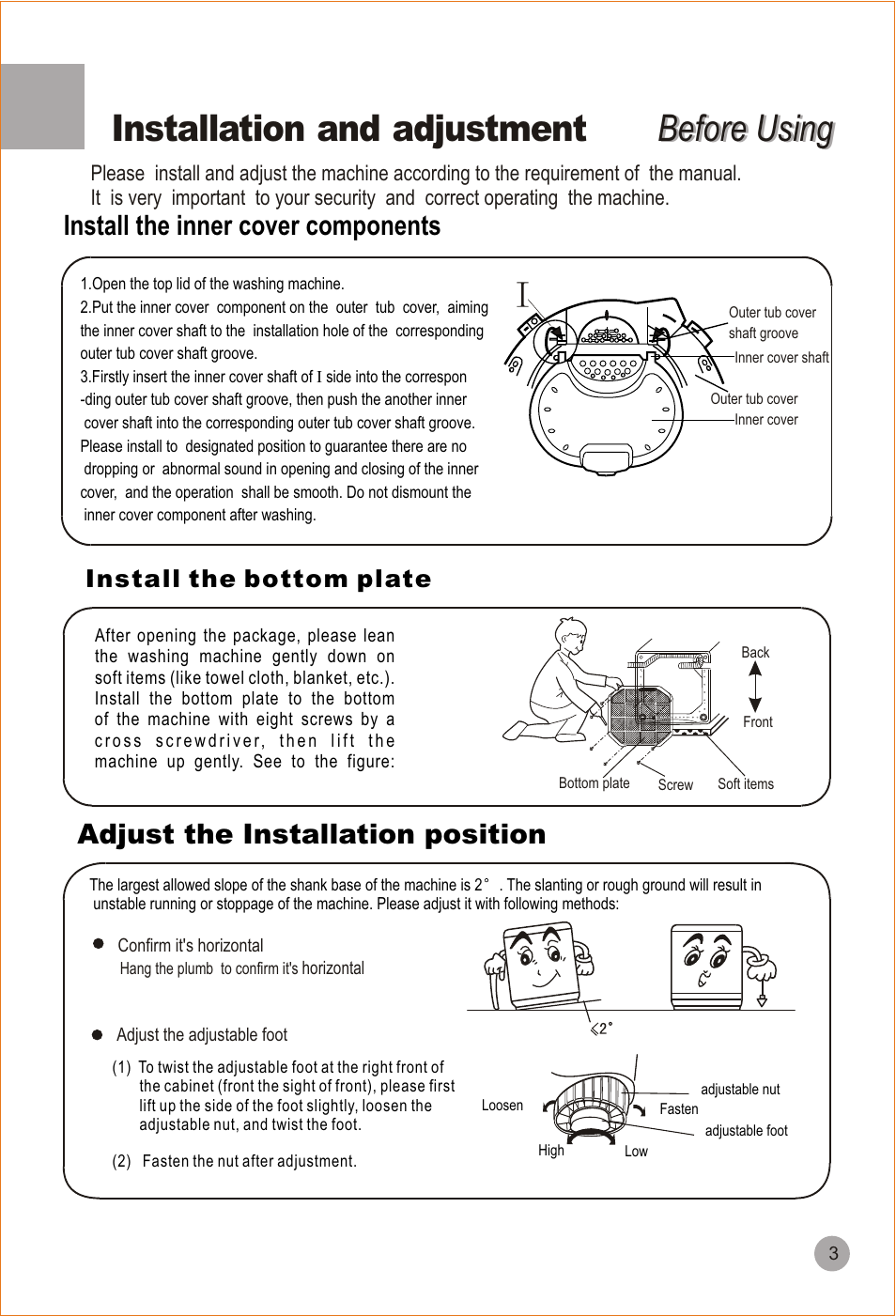 Before using, Before using installation and adjustment, Adjust the installation position | Install the inner cover components, Install the bottom plate | haier HWM90-98 User Manual | Page 5 / 20