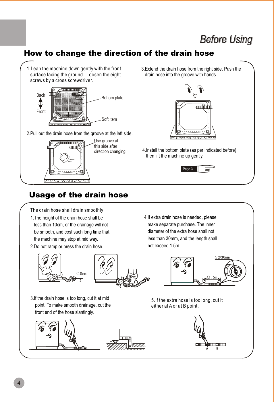 Before using, Usage of the drain hose, How to change the direction of the drain hose | haier HWM90-98 User Manual | Page 6 / 20