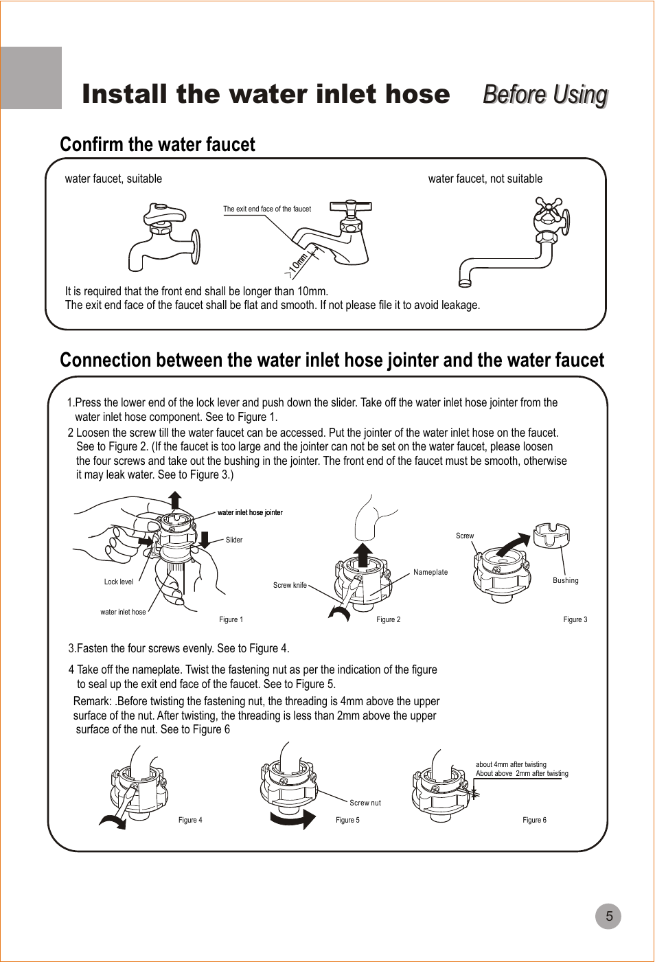 Install the water inlet hose, Before using | haier HWM90-98 User Manual | Page 7 / 20