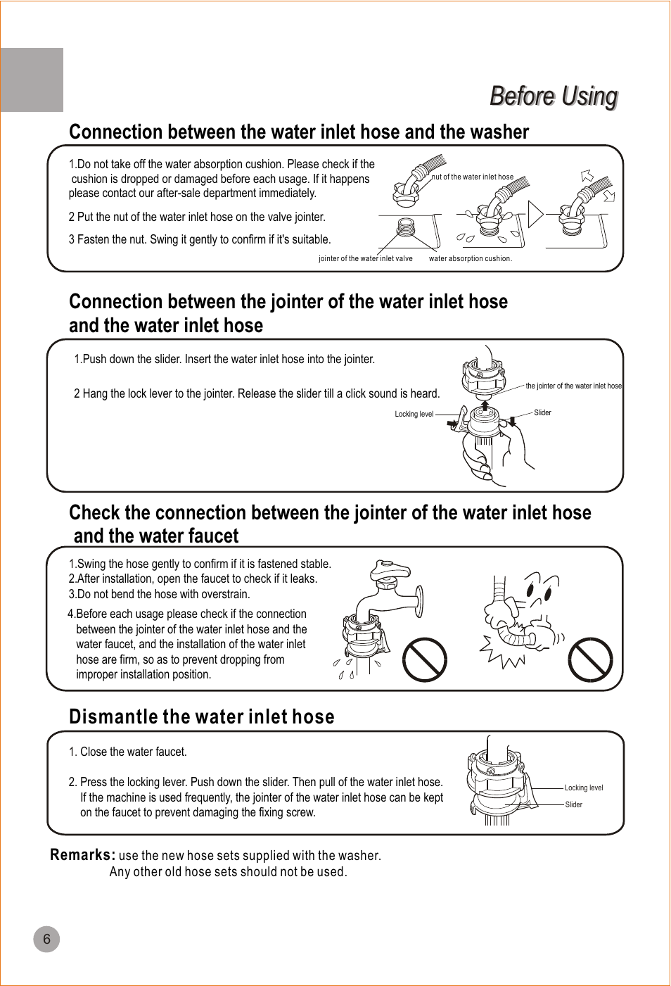 Before using, Remarks | haier HWM90-98 User Manual | Page 8 / 20