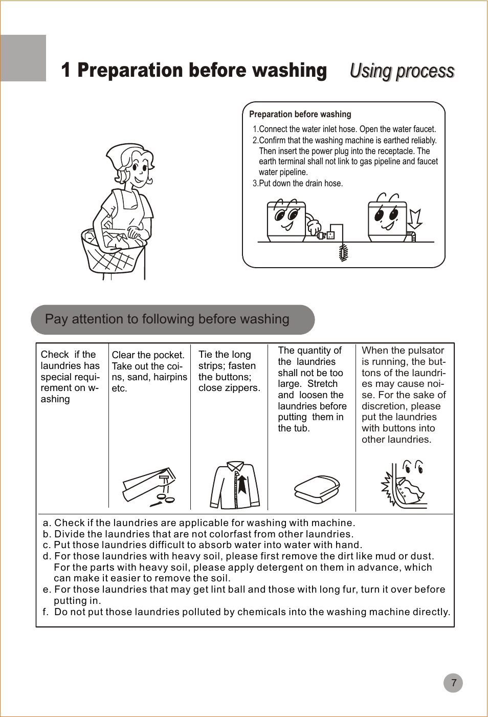 Using process, Using process 1 preparation before washing, Pay attention to following before washing | haier HWM90-98 User Manual | Page 9 / 20