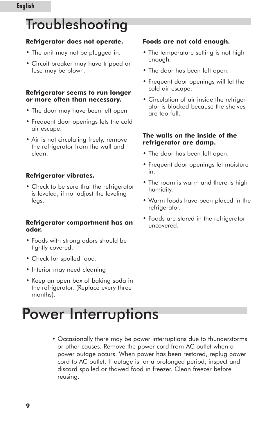Power interruptions, Troubleshooting | haier HNSE05 User Manual | Page 10 / 12