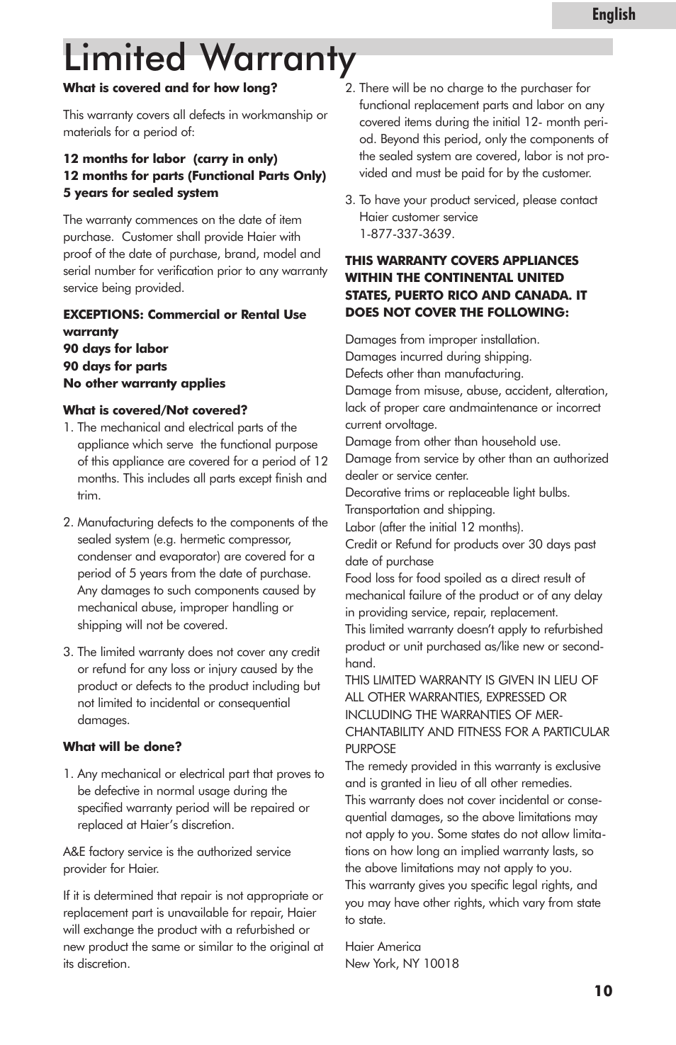 Limited warranty, English | haier HNSE05 User Manual | Page 11 / 12