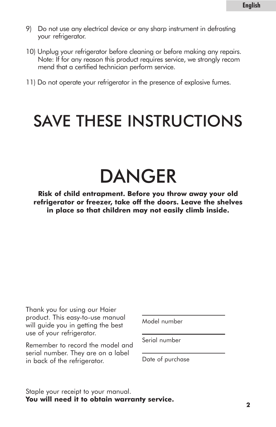 Danger, Save these instructions | haier HNSE05 User Manual | Page 3 / 12