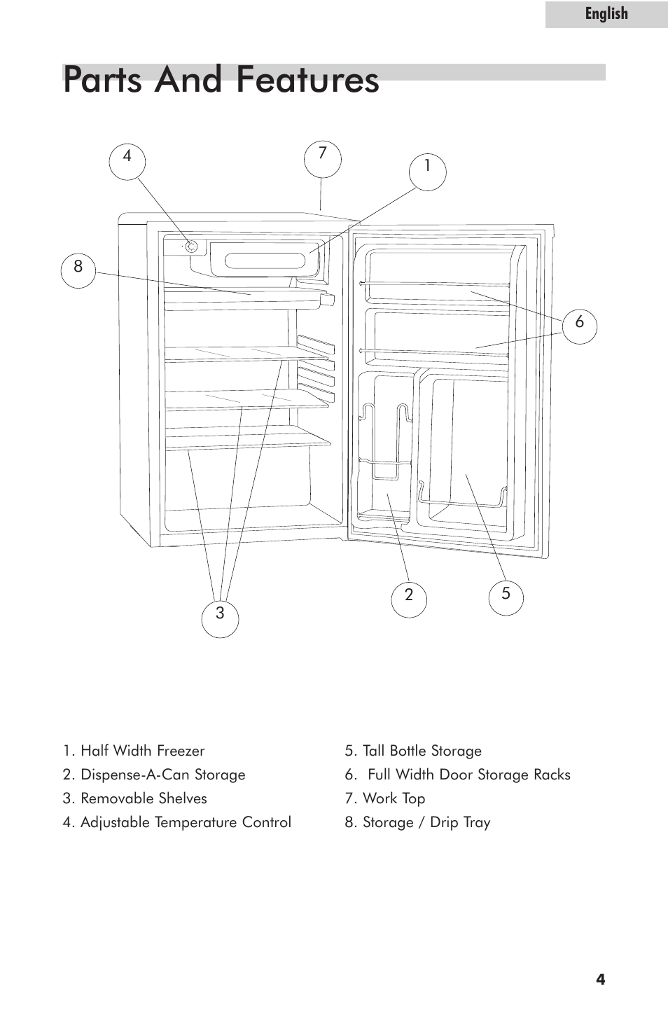 Parts and features, English | haier HNSE05 User Manual | Page 5 / 12