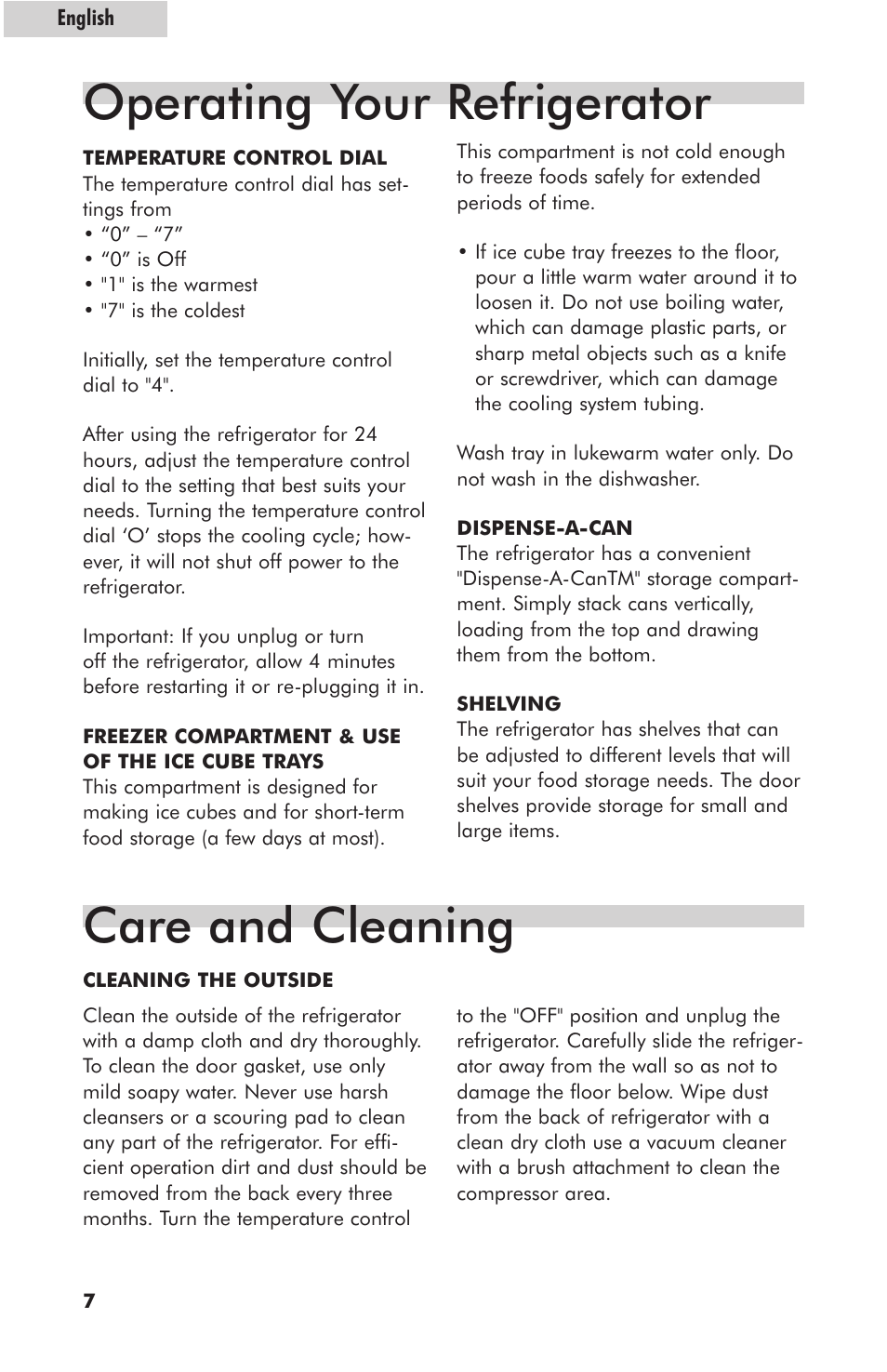 Operating your refrigerator, Care and cleaning | haier HNSE05 User Manual | Page 8 / 12