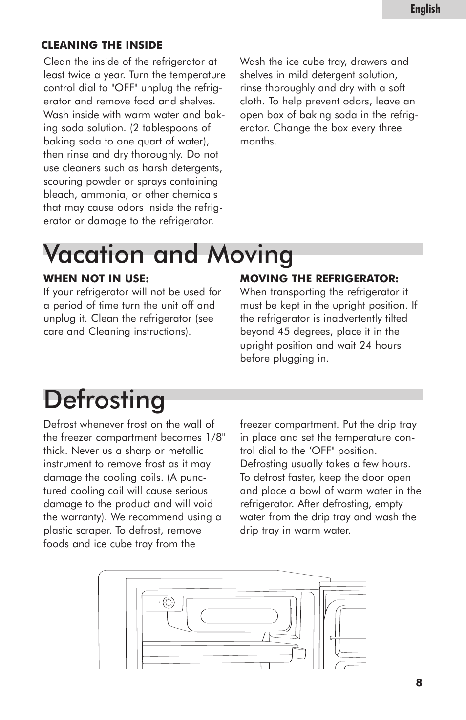 Vacation and moving, Defrosting, English | haier HNSE05 User Manual | Page 9 / 12