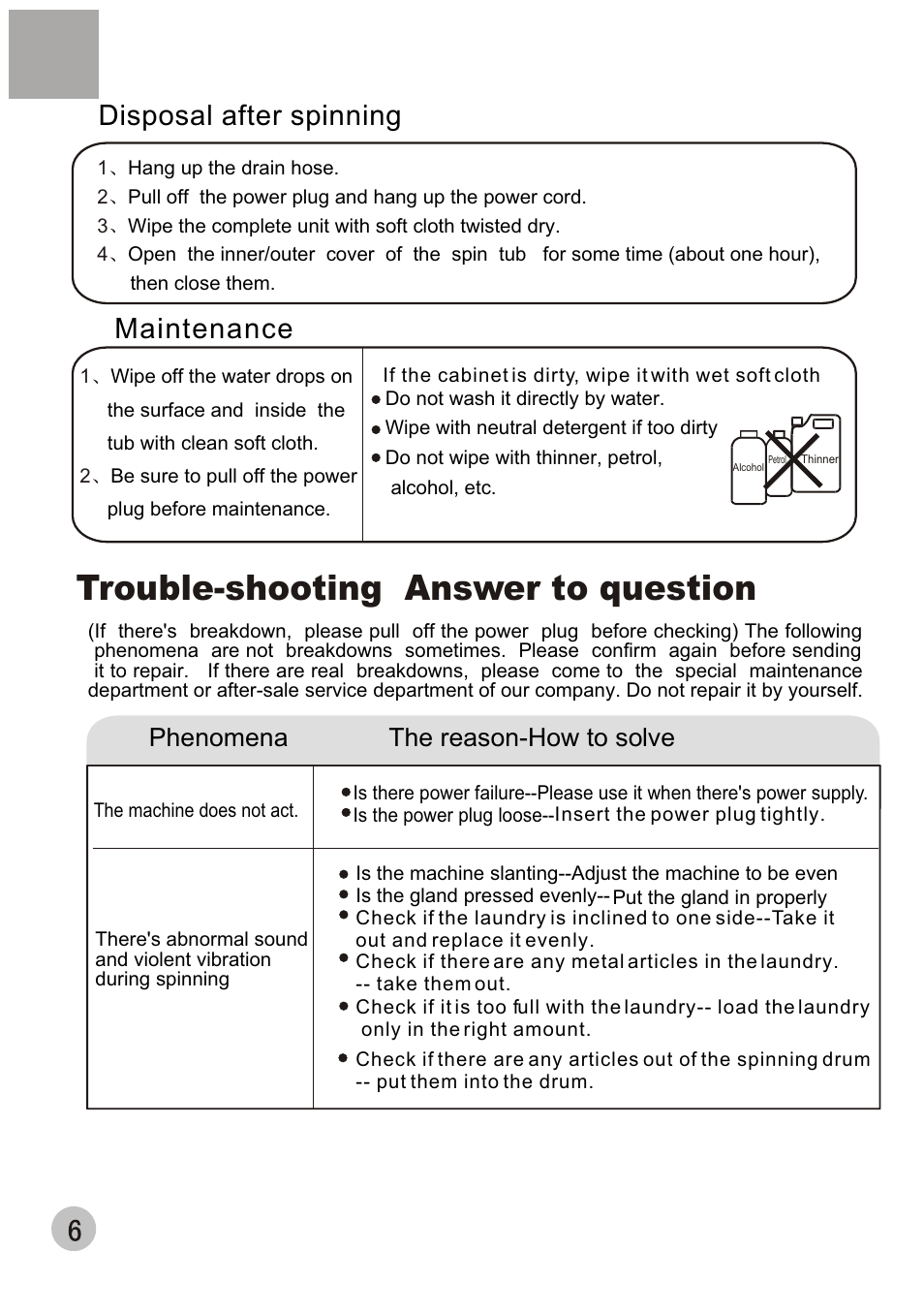 Т³гж 8, Trouble-shooting answer to question, Disposal after spinning | Maintenance, Phenomena the reason-how to solve | haier HWS60-40 User Manual | Page 8 / 8