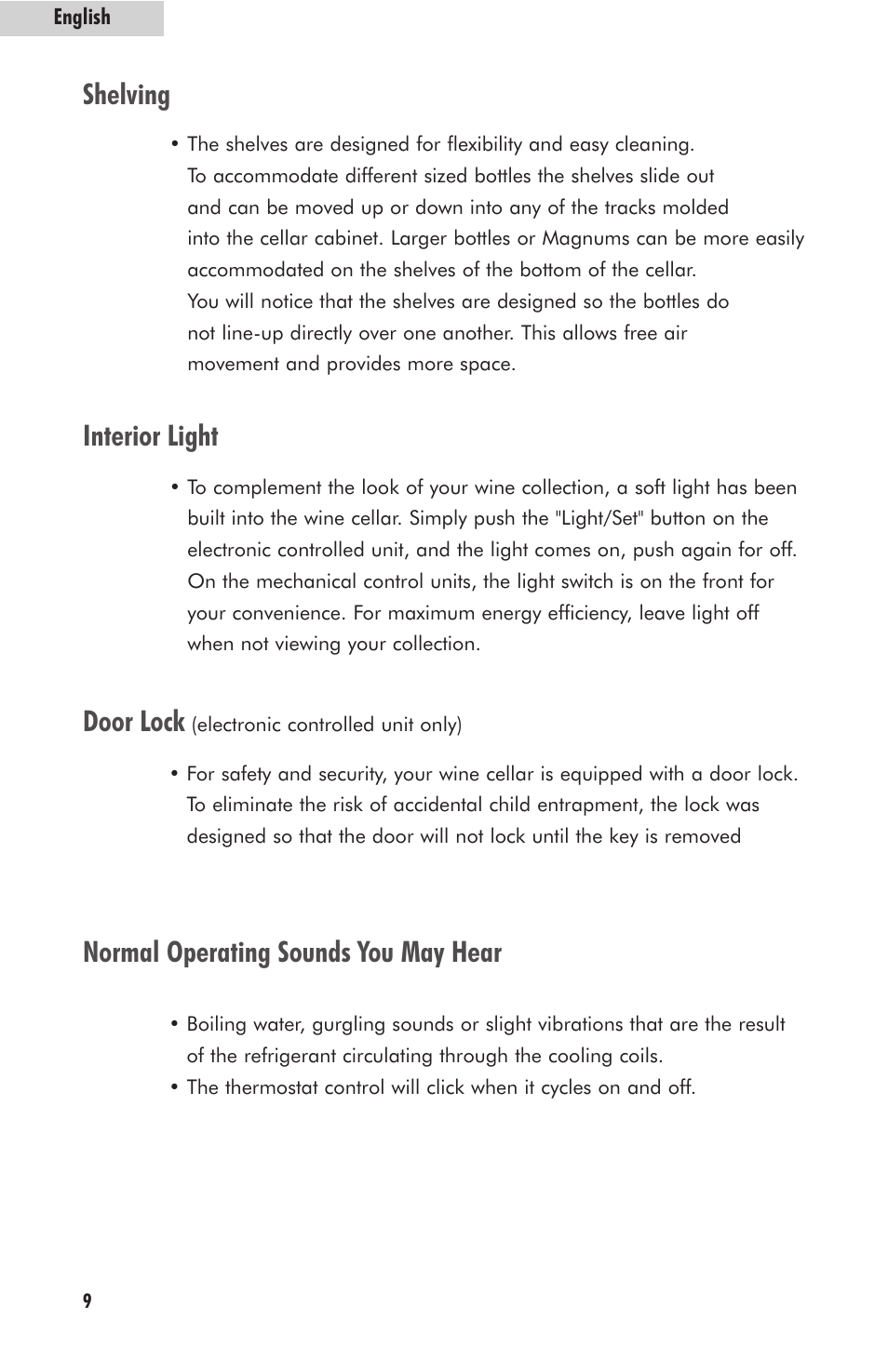 Shelving interior light, Door lock, Normal operating sounds you may hear | haier HVFM24B User Manual | Page 10 / 44