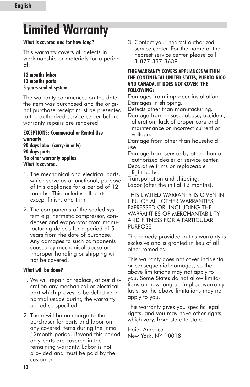 Limited warranty | haier HVFM24B User Manual | Page 14 / 44