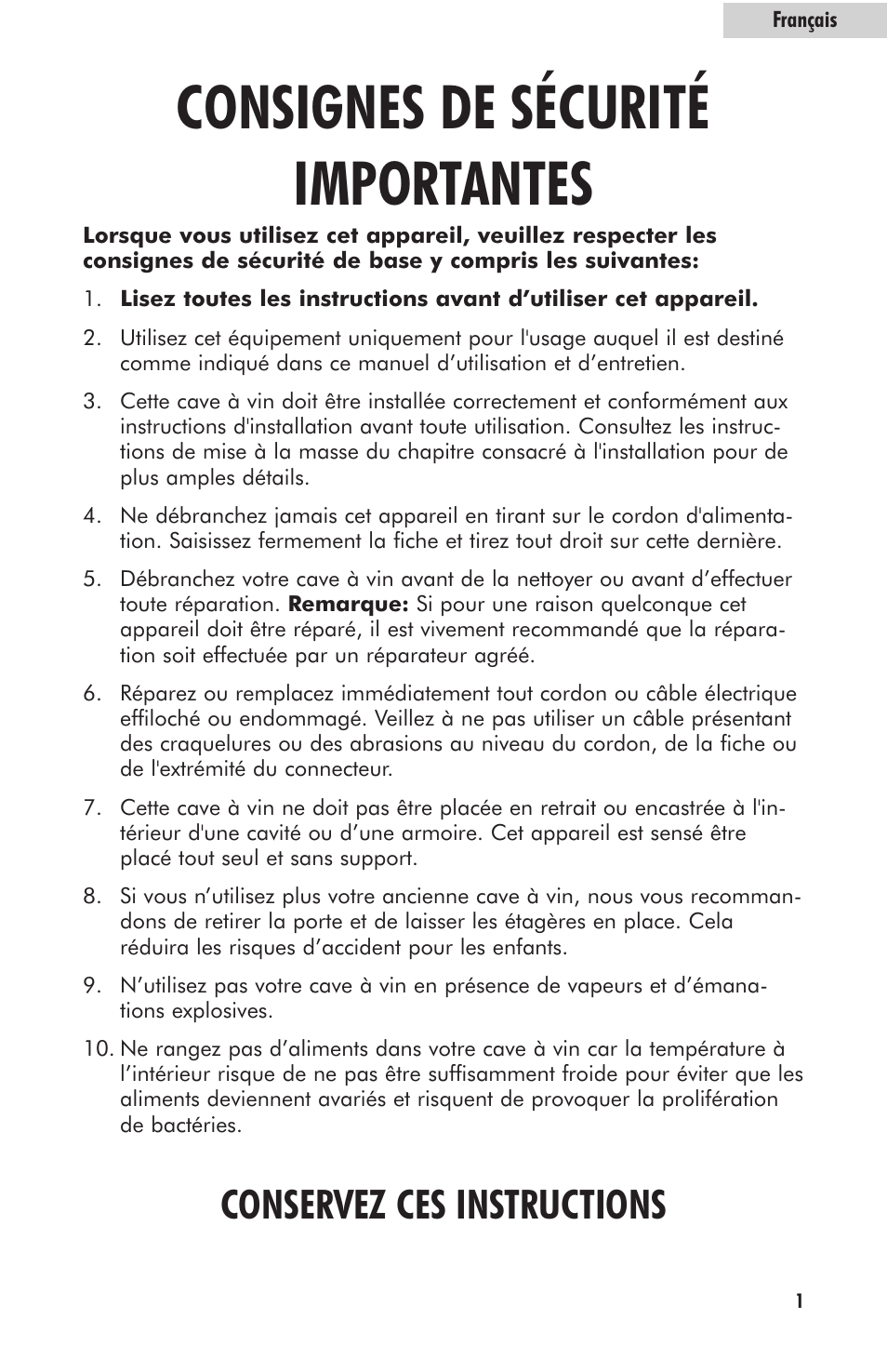 Consignes de sécurité importantes, Conservez ces instructions | haier HVFM24B User Manual | Page 15 / 44