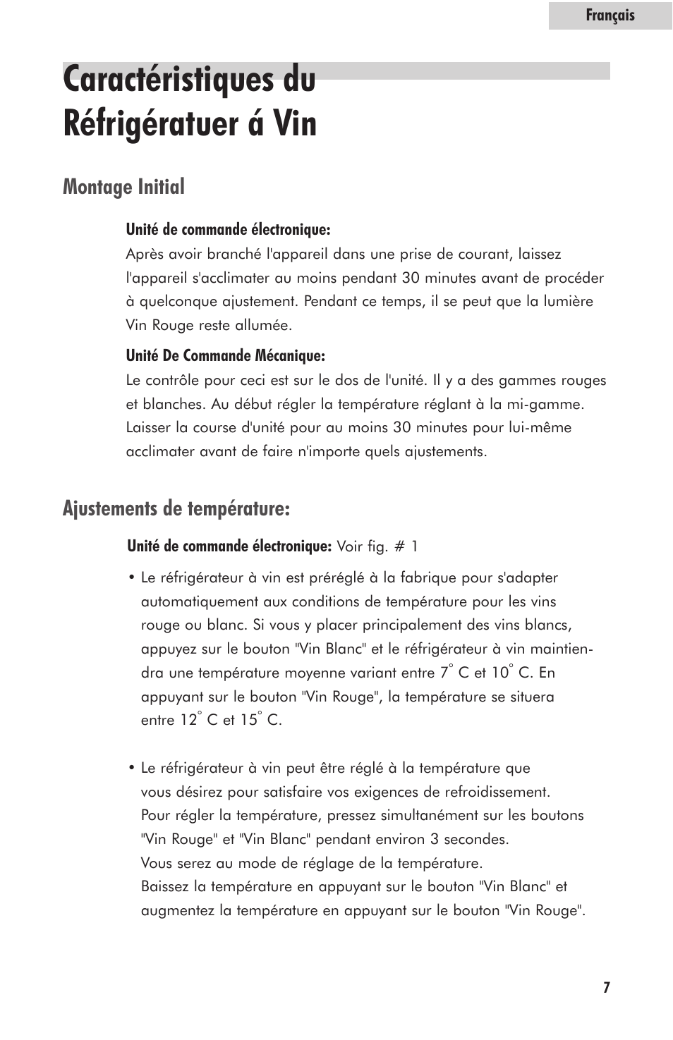 Caractéristiques du réfrigératuer á vin, Ajustements de température, Montage initial | haier HVFM24B User Manual | Page 21 / 44