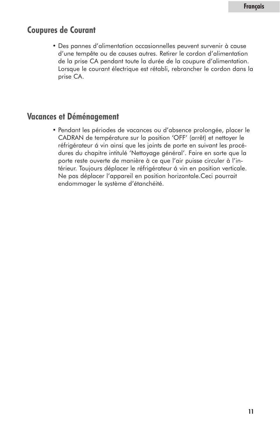 Coupures de courant vacances et déménagement | haier HVFM24B User Manual | Page 25 / 44