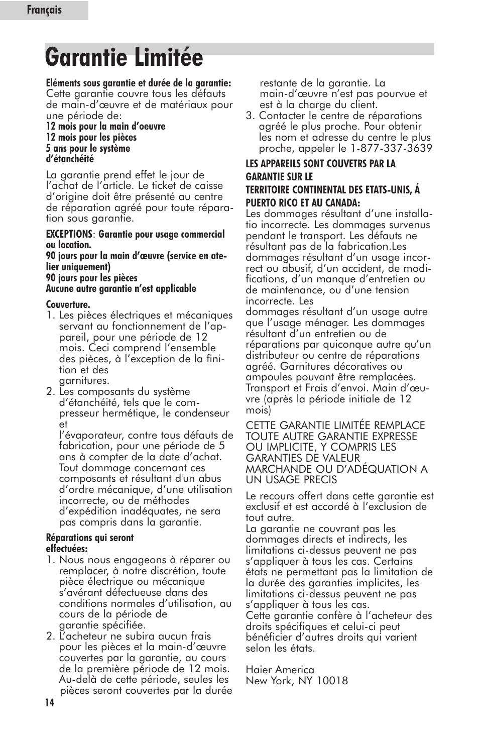 Garantie limitée | haier HVFM24B User Manual | Page 28 / 44