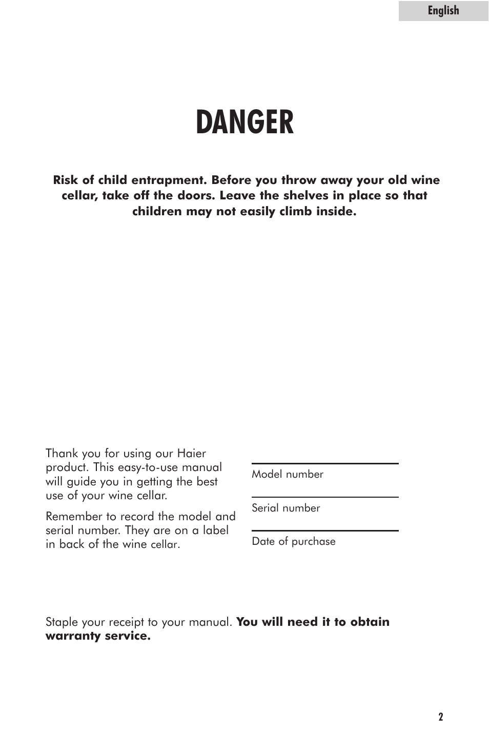 Danger | haier HVFM24B User Manual | Page 3 / 44