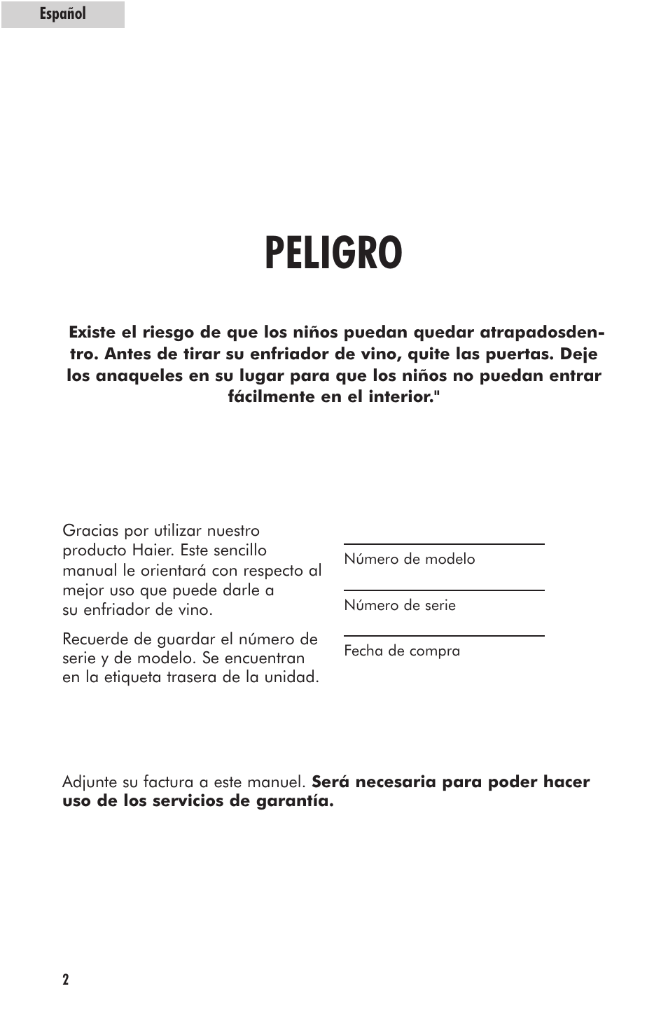 Peligro | haier HVFM24B User Manual | Page 30 / 44
