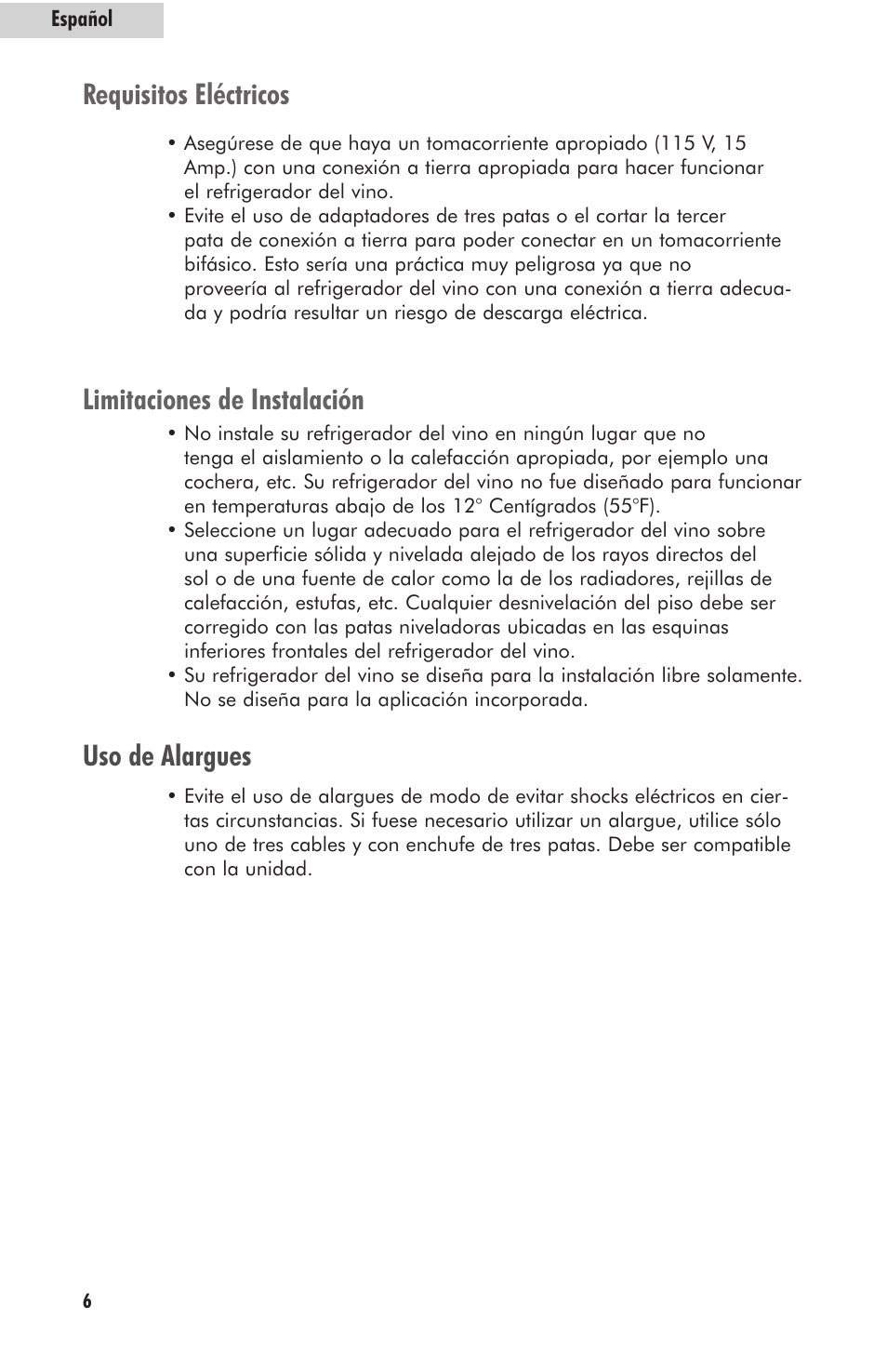 Requisitos eléctricos limitaciones de instalación, Uso de alargues | haier HVFM24B User Manual | Page 34 / 44