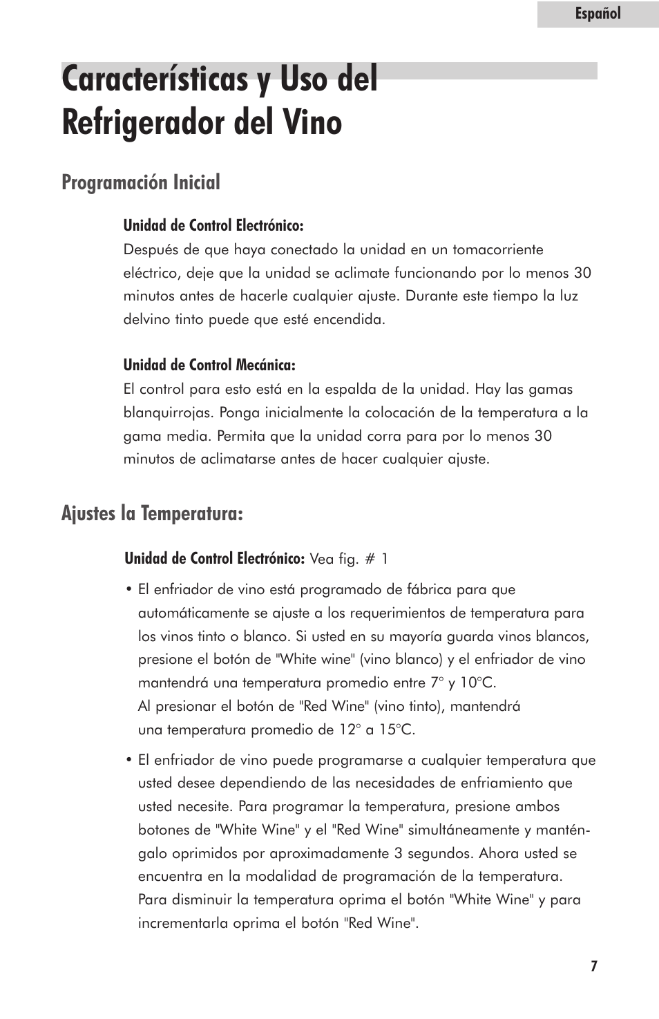 Características y uso del refrigerador del vino, Ajustes la temperatura, Programación inicial | haier HVFM24B User Manual | Page 35 / 44
