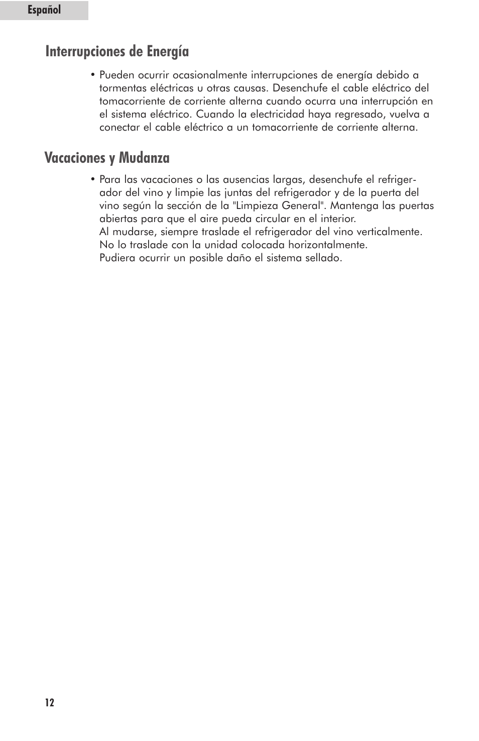 Interrupciones de energía vacaciones y mudanza | haier HVFM24B User Manual | Page 40 / 44