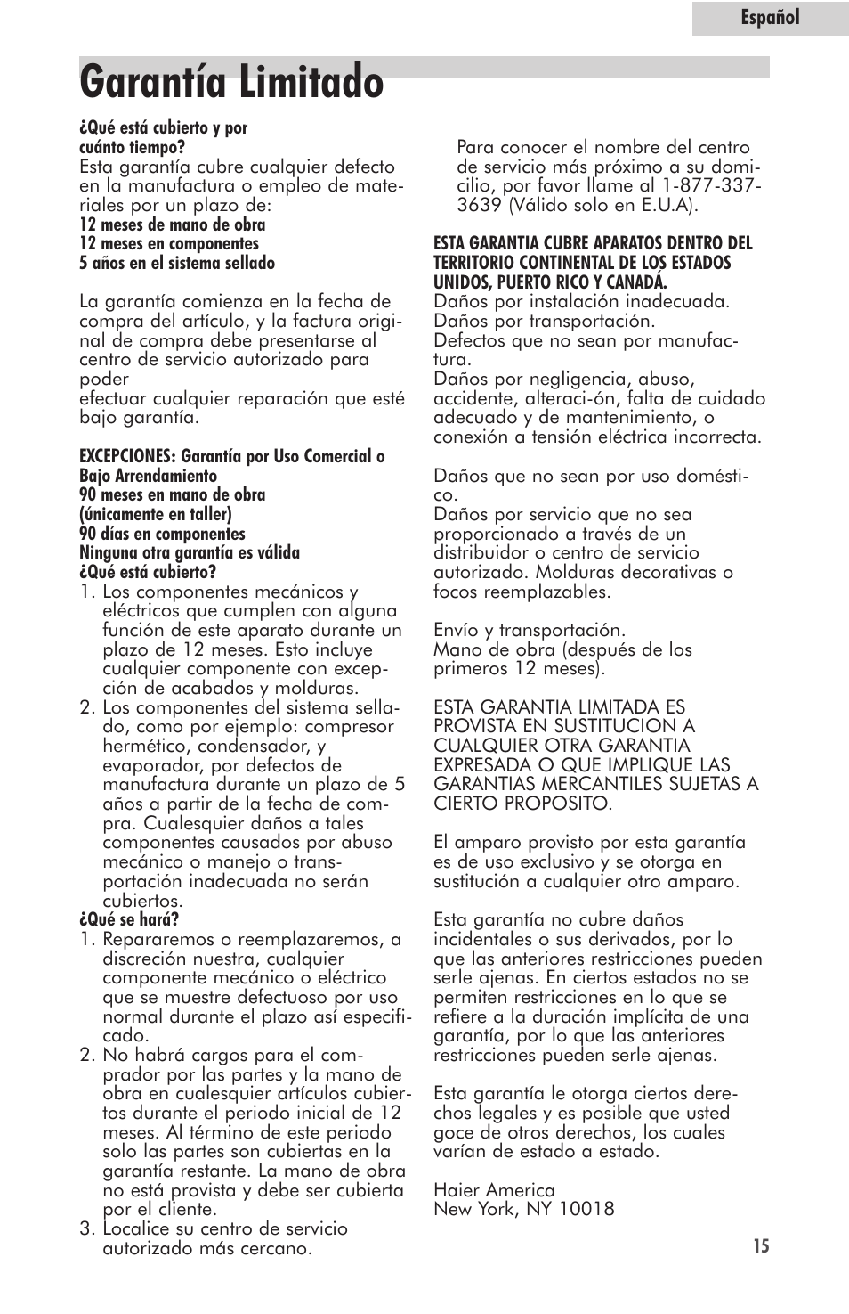 Garantía limitado | haier HVFM24B User Manual | Page 43 / 44