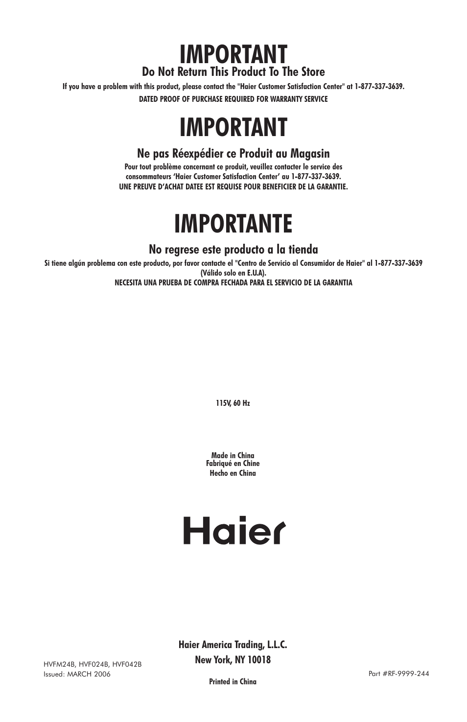 Important, Importante, Do not return this product to the store | Ne pas réexpédier ce produit au magasin, No regrese este producto a la tienda | haier HVFM24B User Manual | Page 44 / 44