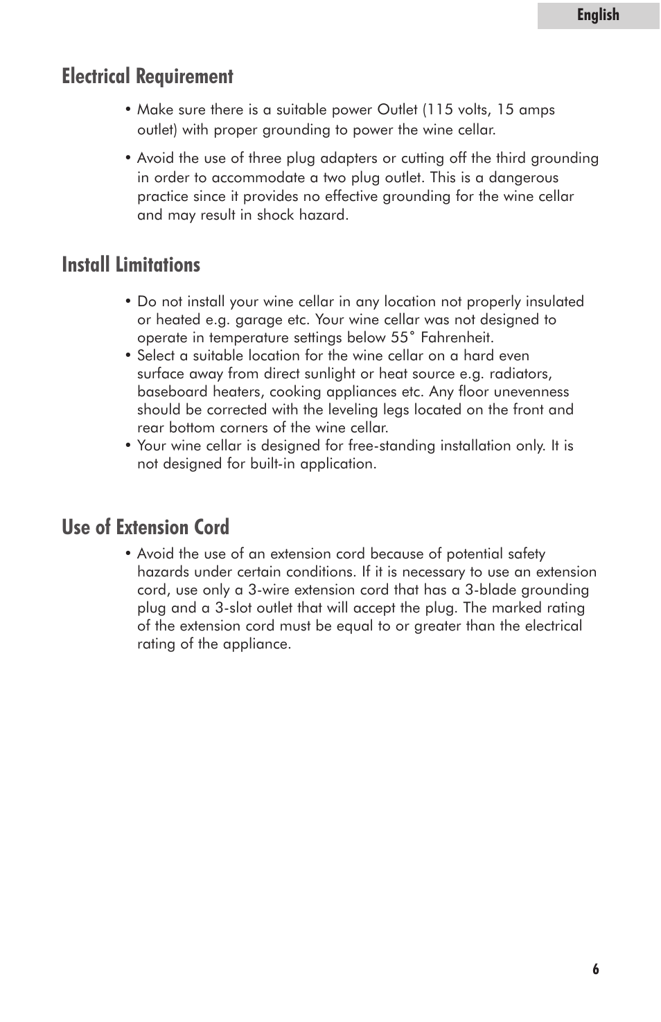 Electrical requirement, Install limitations, Use of extension cord | haier HVFM24B User Manual | Page 7 / 44