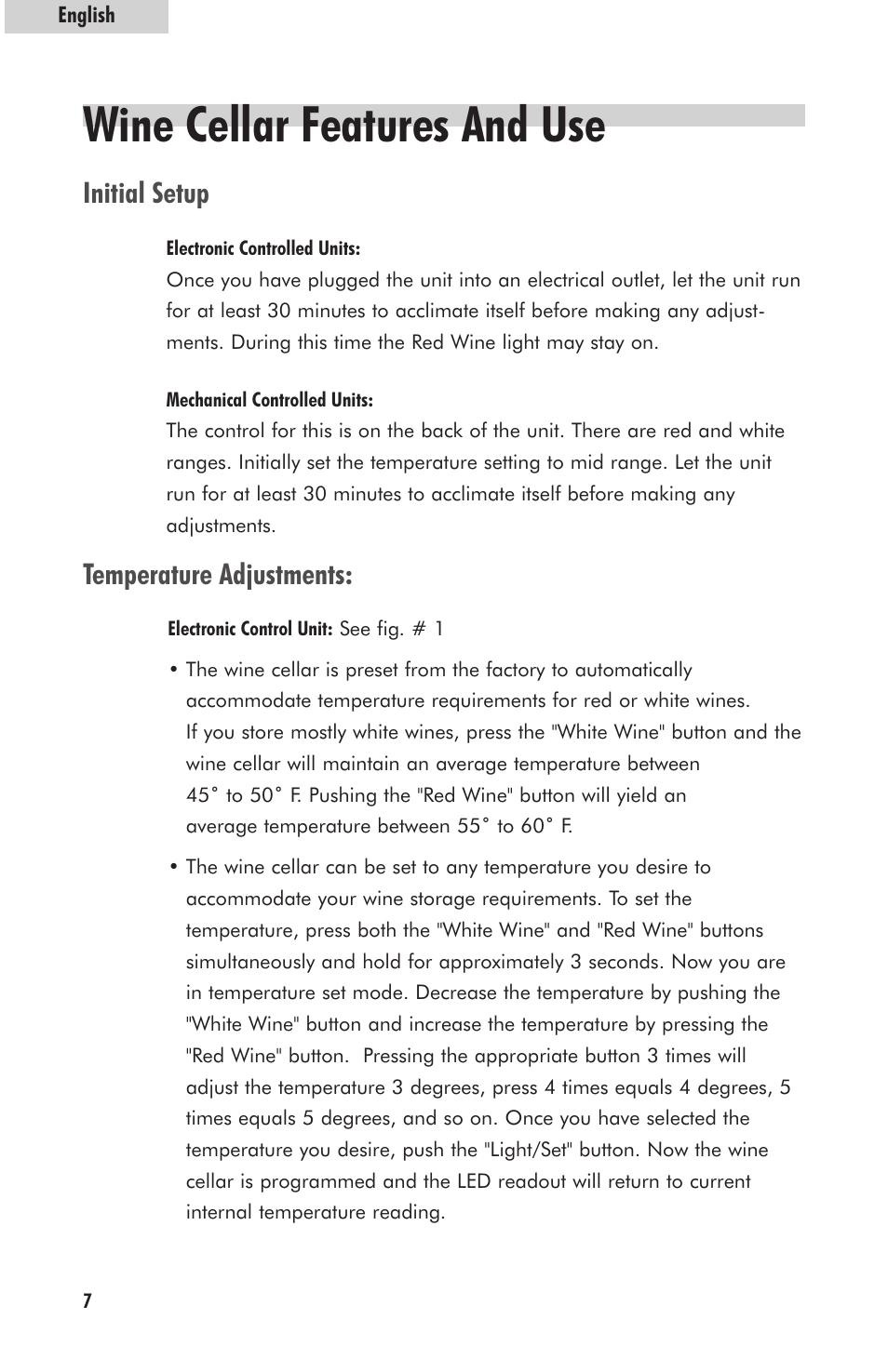 Wine cellar features and use, Initial setup, Temperature adjustments | haier HVFM24B User Manual | Page 8 / 44