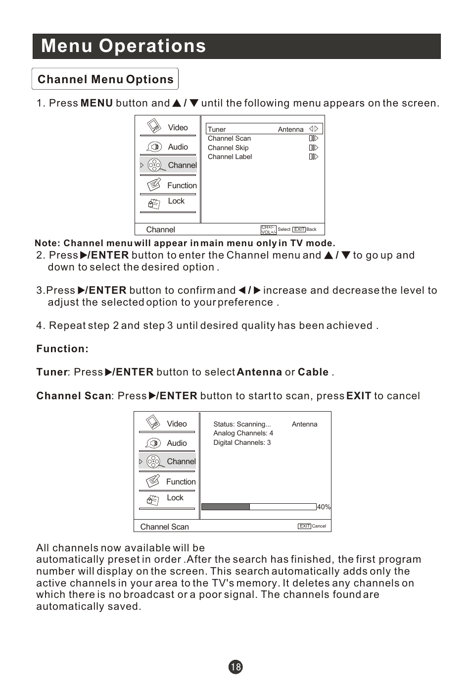 Т³гж 23, Menu operations, Channel menu options | haier HL19R1 User Manual | Page 23 / 49