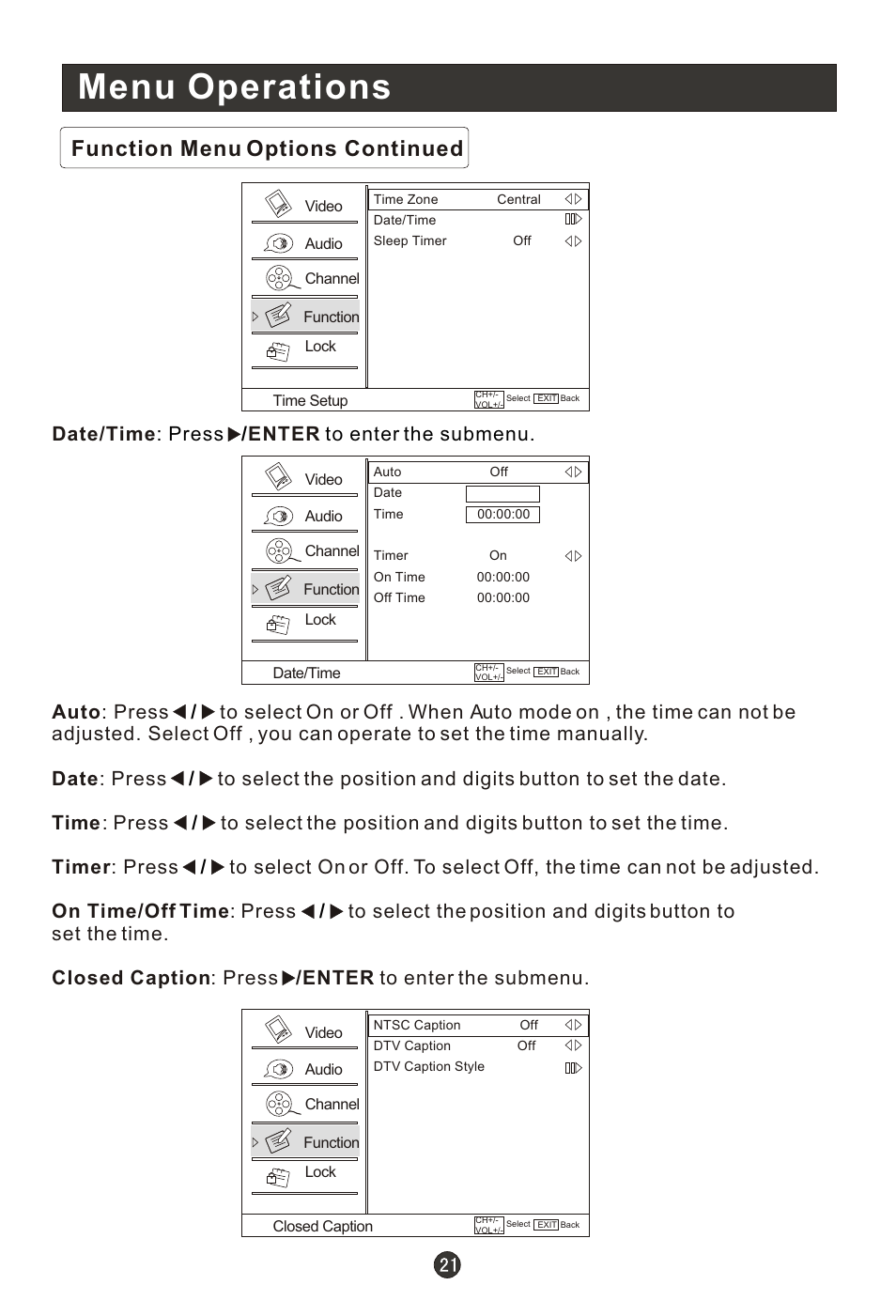 Т³гж 26, Menu operations, Function menu options continued | Date/time enter : press / to enter the submenu | haier HL19R1 User Manual | Page 26 / 49