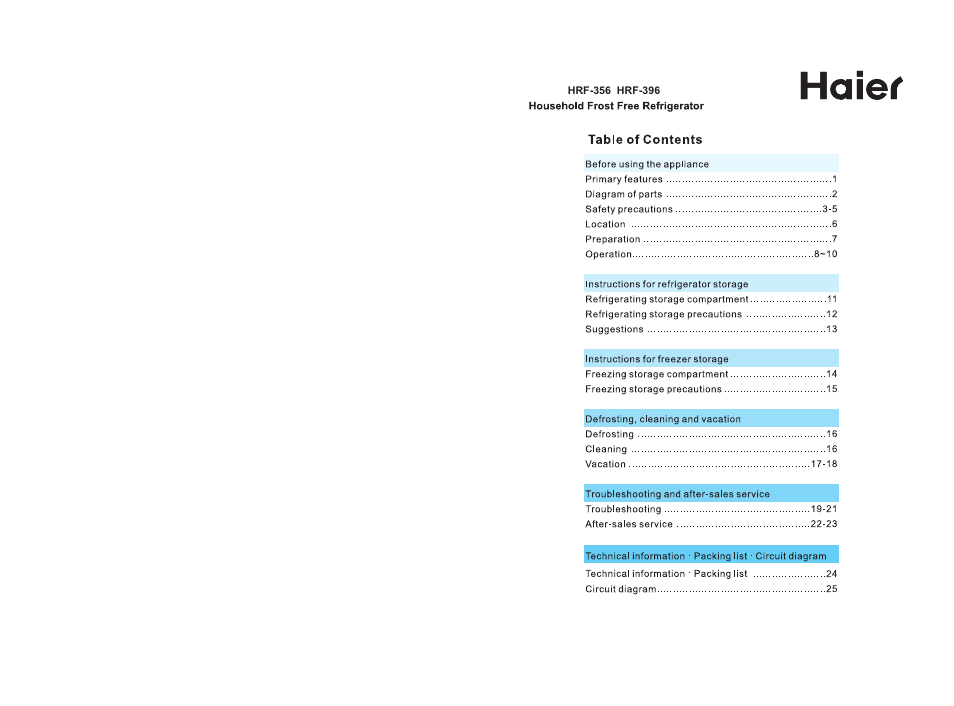 haier Household Frost Free Refrigerator HRF-396 User Manual | 14 pages