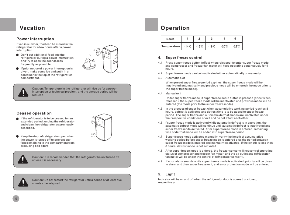 Vacation, Operation | haier Household Frost Free Refrigerator HRF-396 User Manual | Page 11 / 14