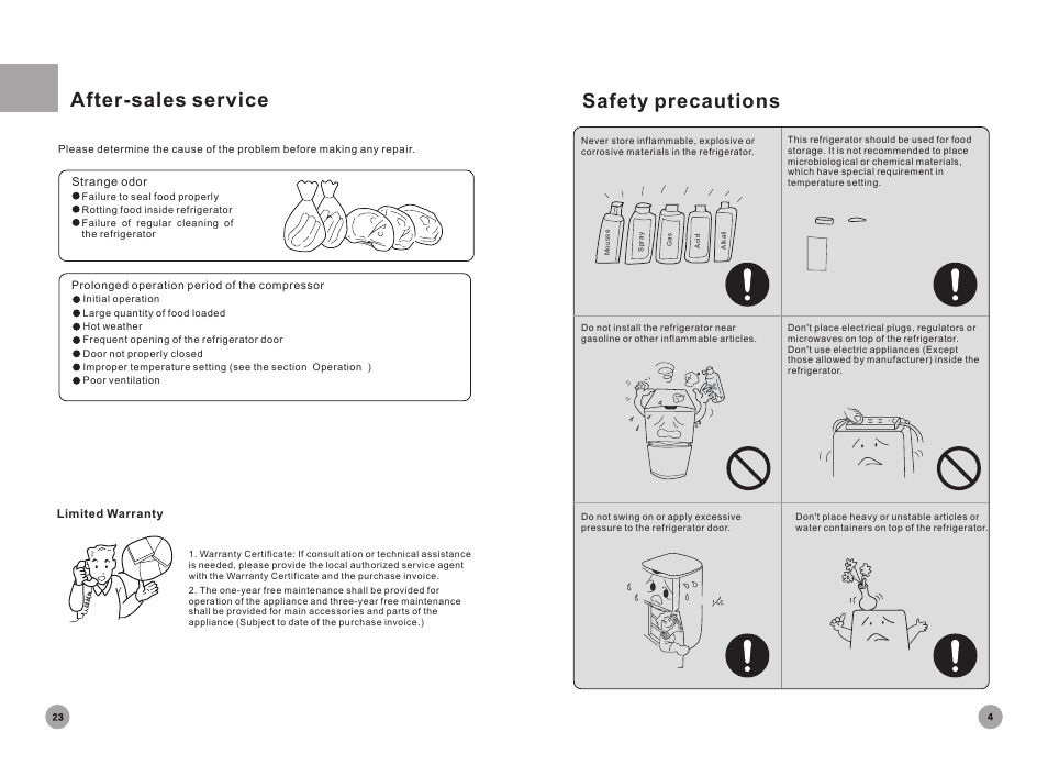 After-sales service, Safety precautions | haier Household Frost Free Refrigerator HRF-396 User Manual | Page 5 / 14