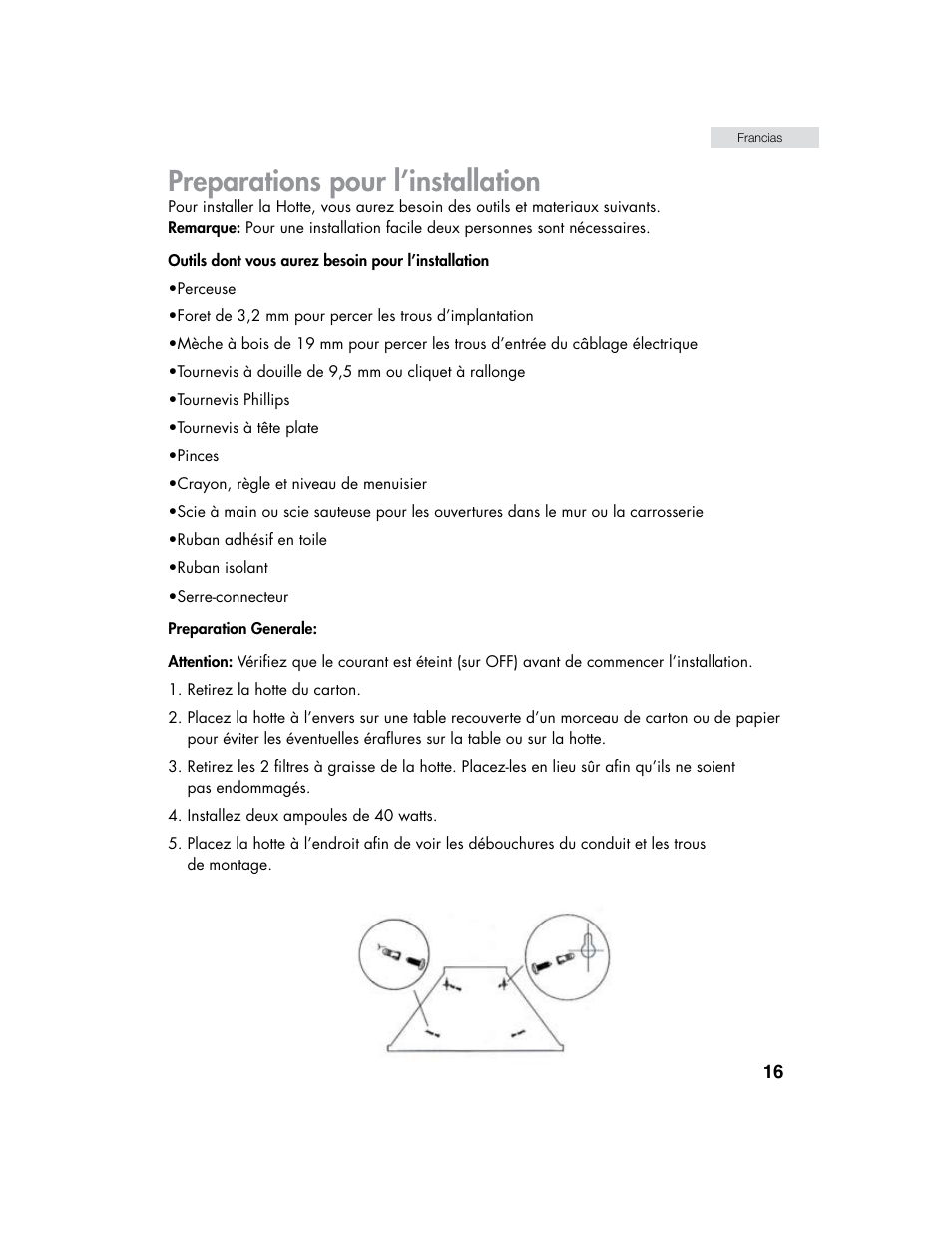 Preparations pour l’installation | haier HHX7130 User Manual | Page 17 / 34