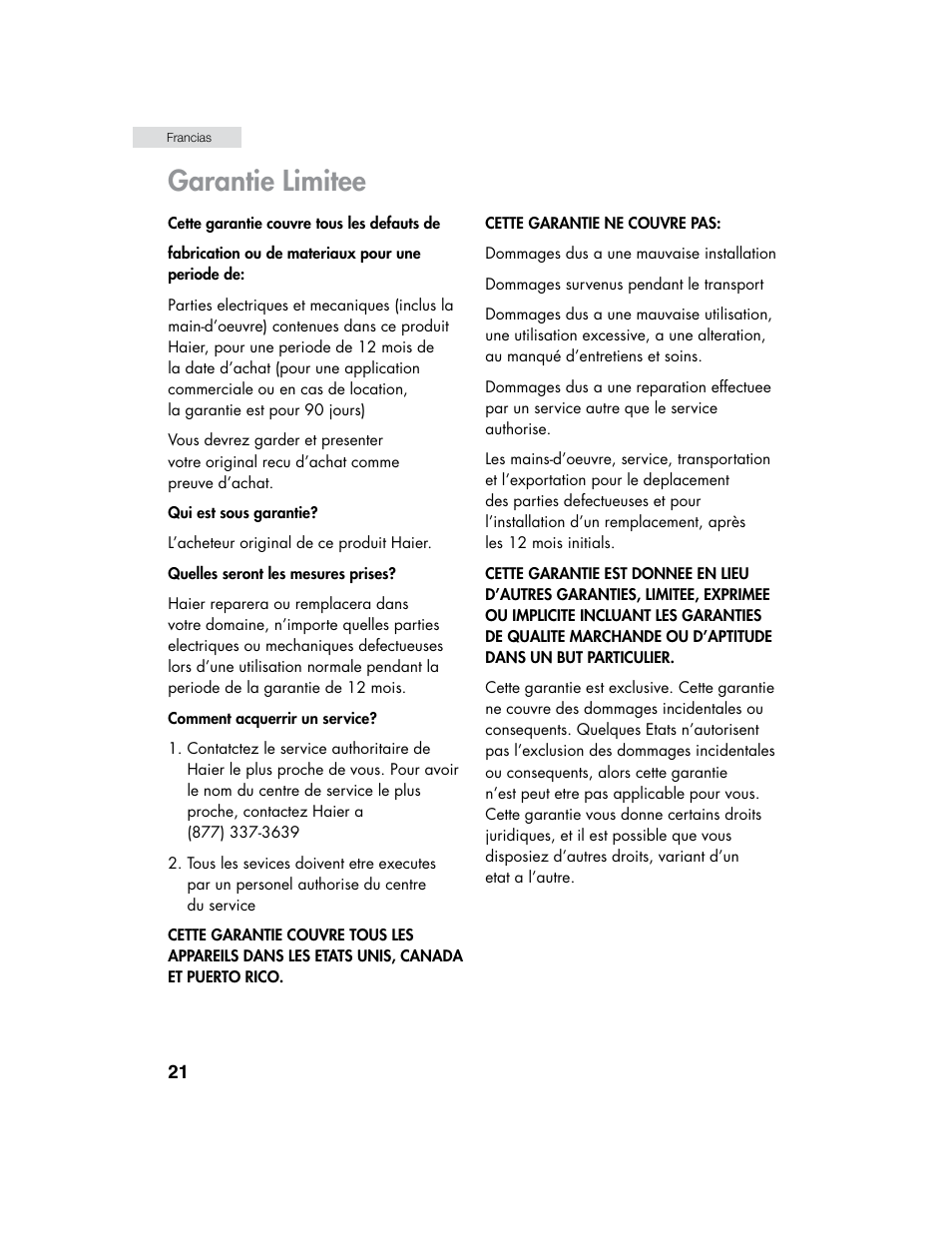 Garantie limitee | haier HHX7130 User Manual | Page 22 / 34