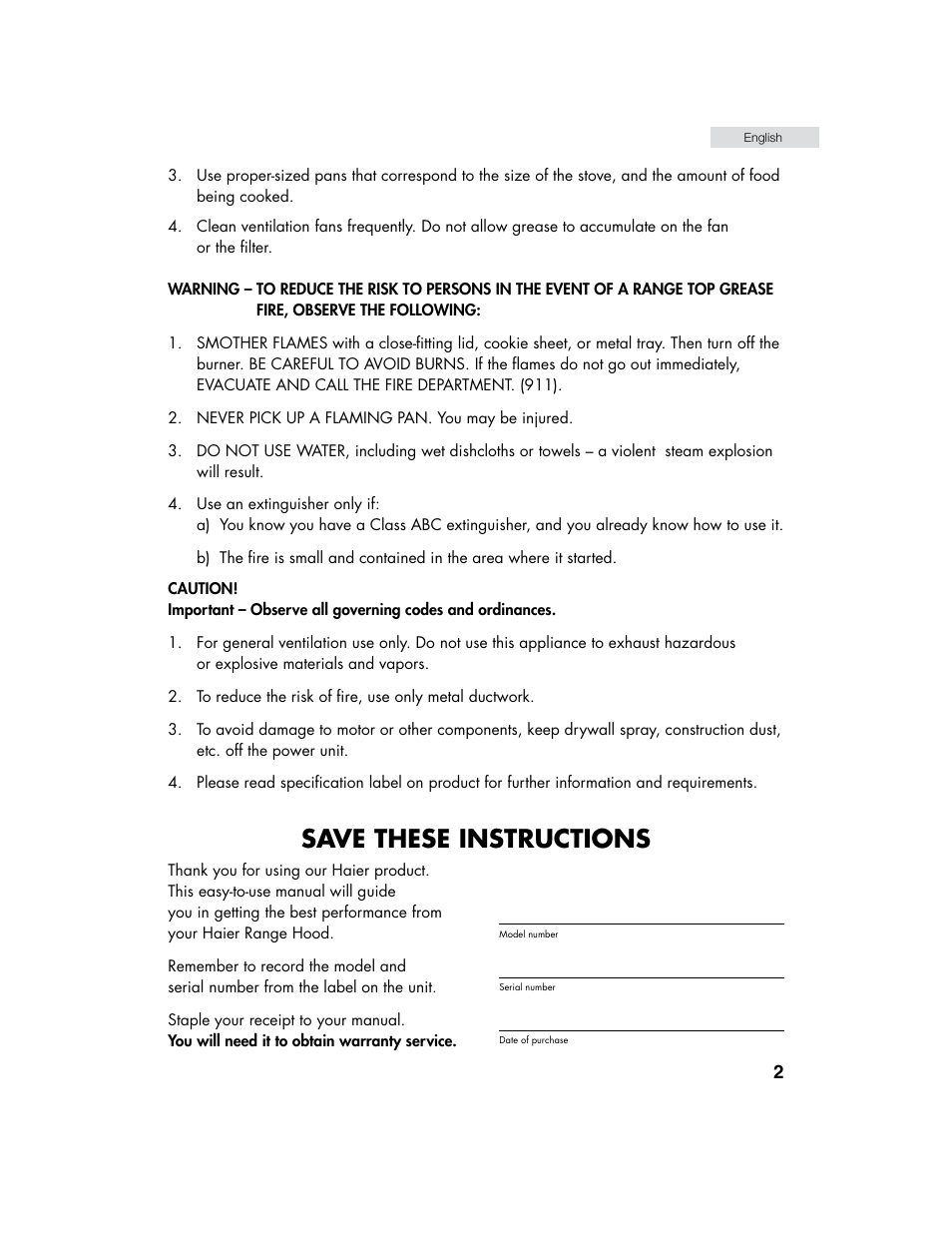 Save these instructions | haier HHX7130 User Manual | Page 3 / 34
