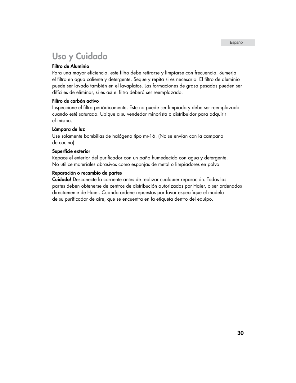 Uso y cuidado | haier HHX7130 User Manual | Page 31 / 34