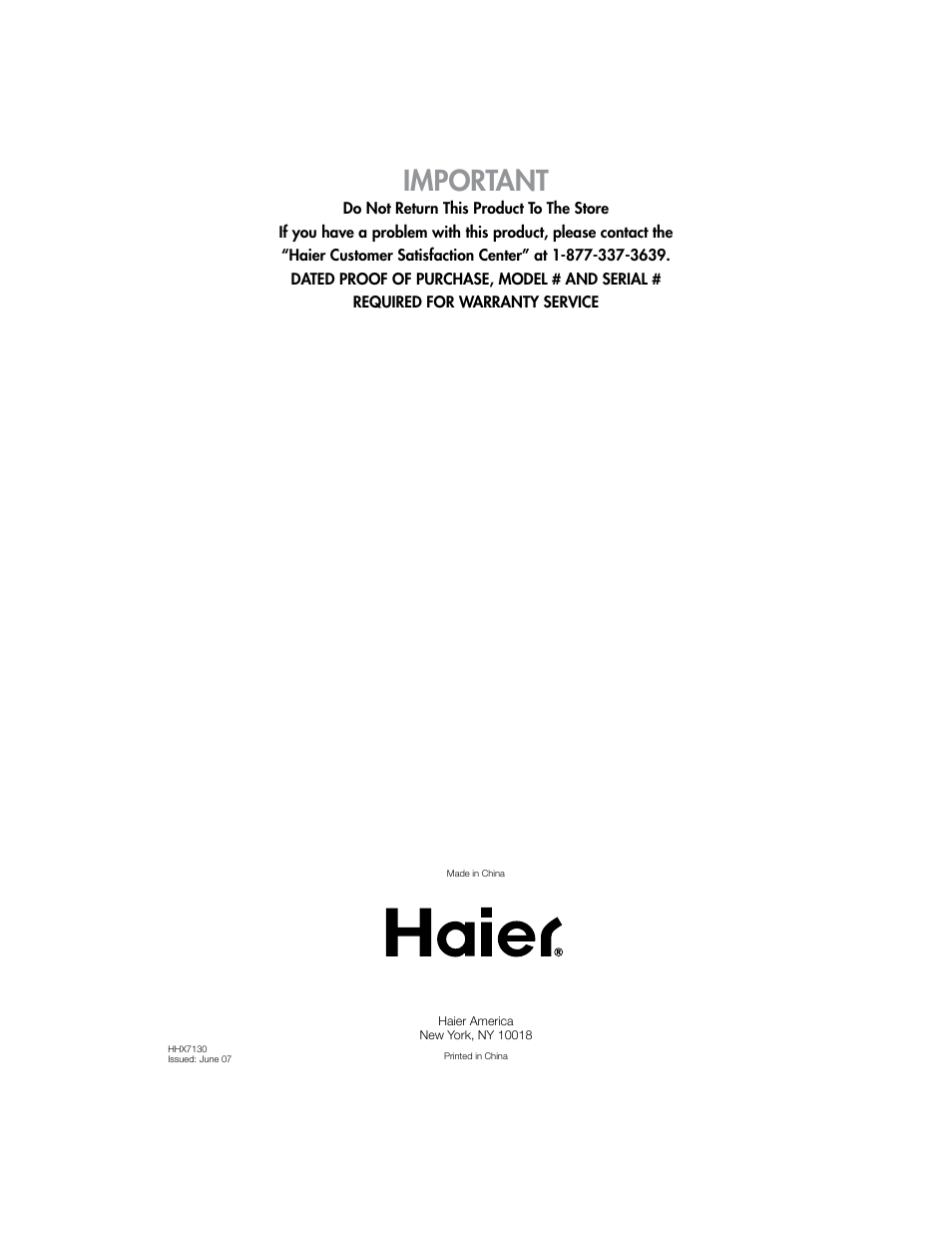Important | haier HHX7130 User Manual | Page 34 / 34