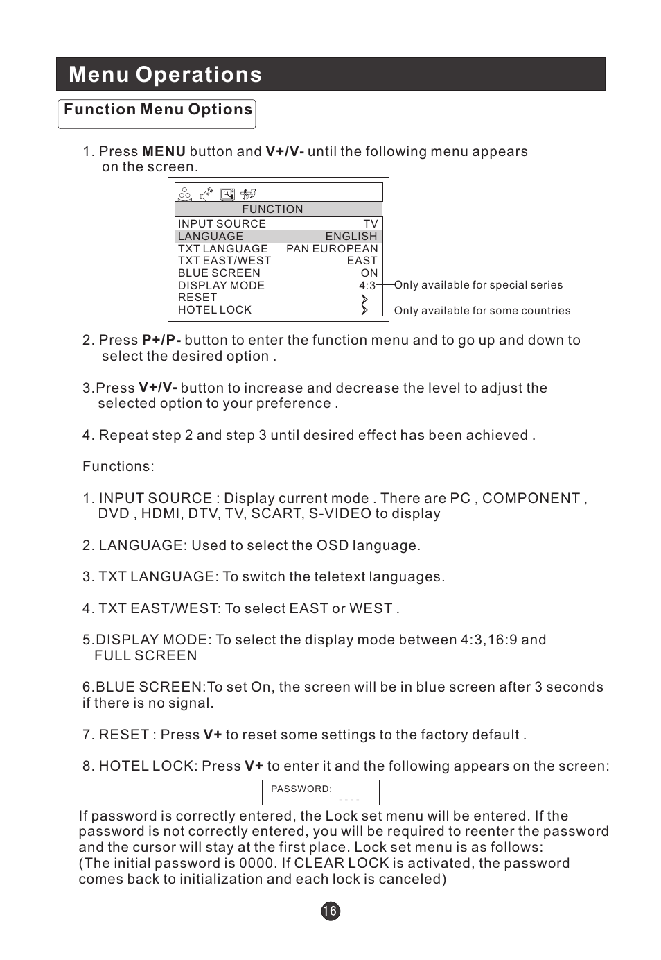 Menu operations, Function menu options | haier L19T12W-C User Manual | Page 18 / 86