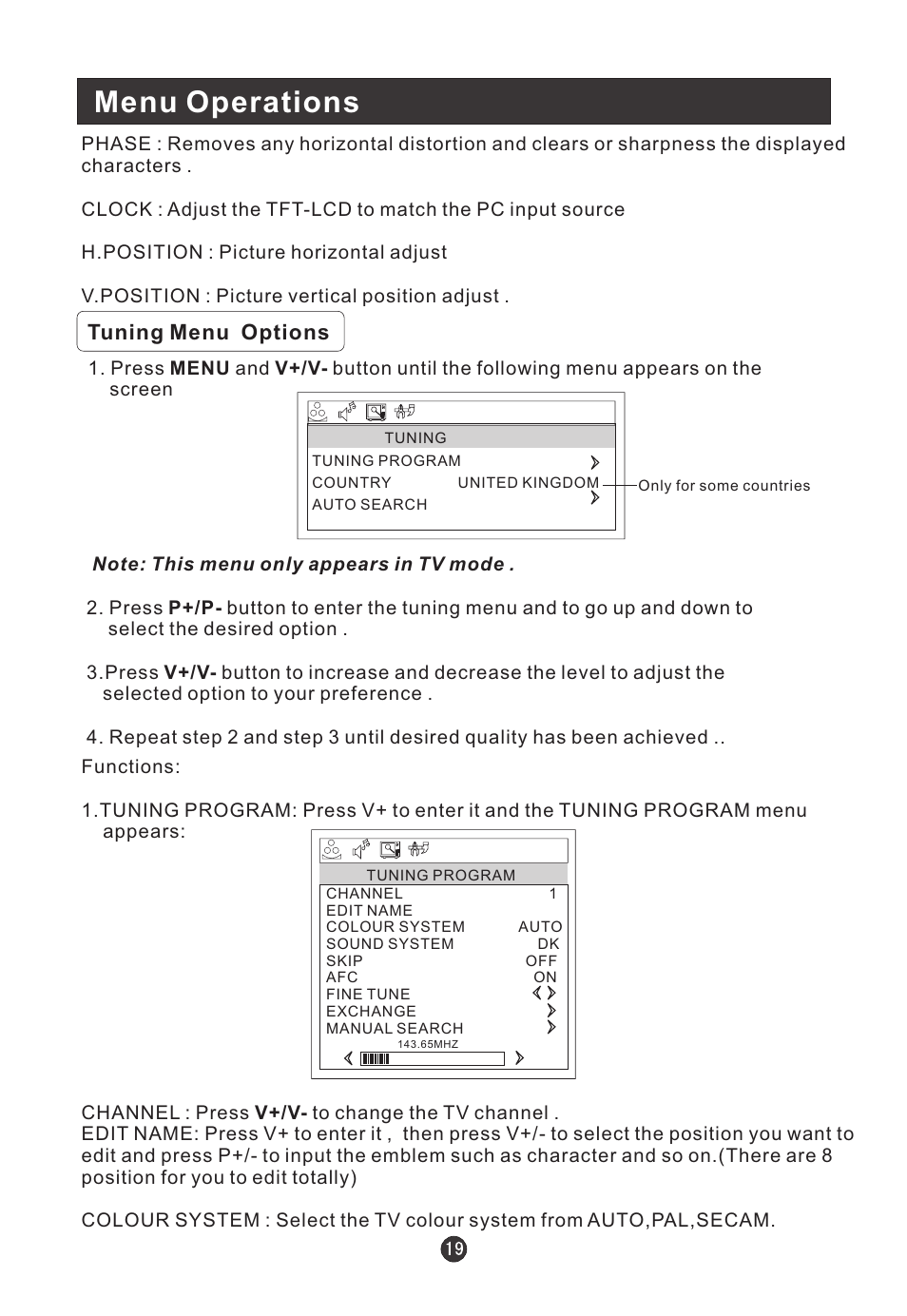 Menu operations, Tuning menu options | haier L19T12W-C User Manual | Page 21 / 86