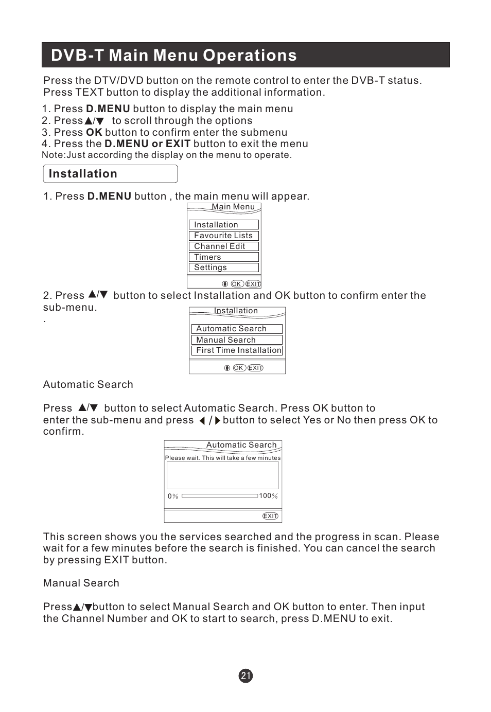 Dvb-t main menu operations, Installation | haier L19T12W-C User Manual | Page 23 / 86