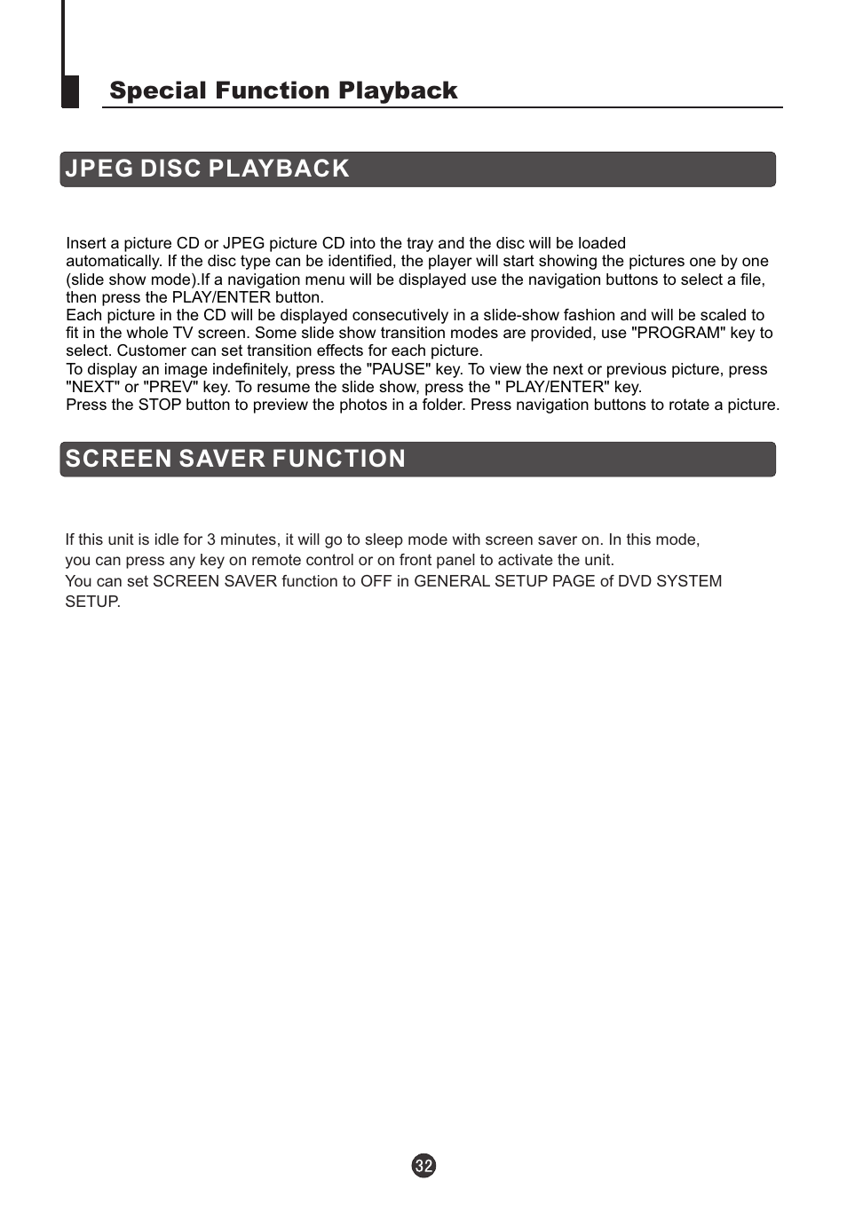 Special function playback jpeg disc playback, Screen saver function | haier L19T12W-C User Manual | Page 34 / 86