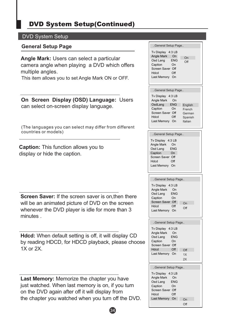 Dvd system setup(continued), This item allows you to set angle mark on or off | haier L19T12W-C User Manual | Page 36 / 86