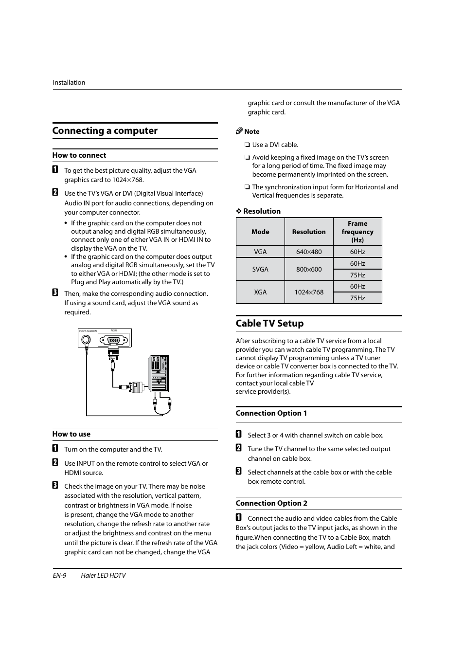 Connecting a computer, Cable tv setup | haier HL22XSLW2 User Manual | Page 10 / 24