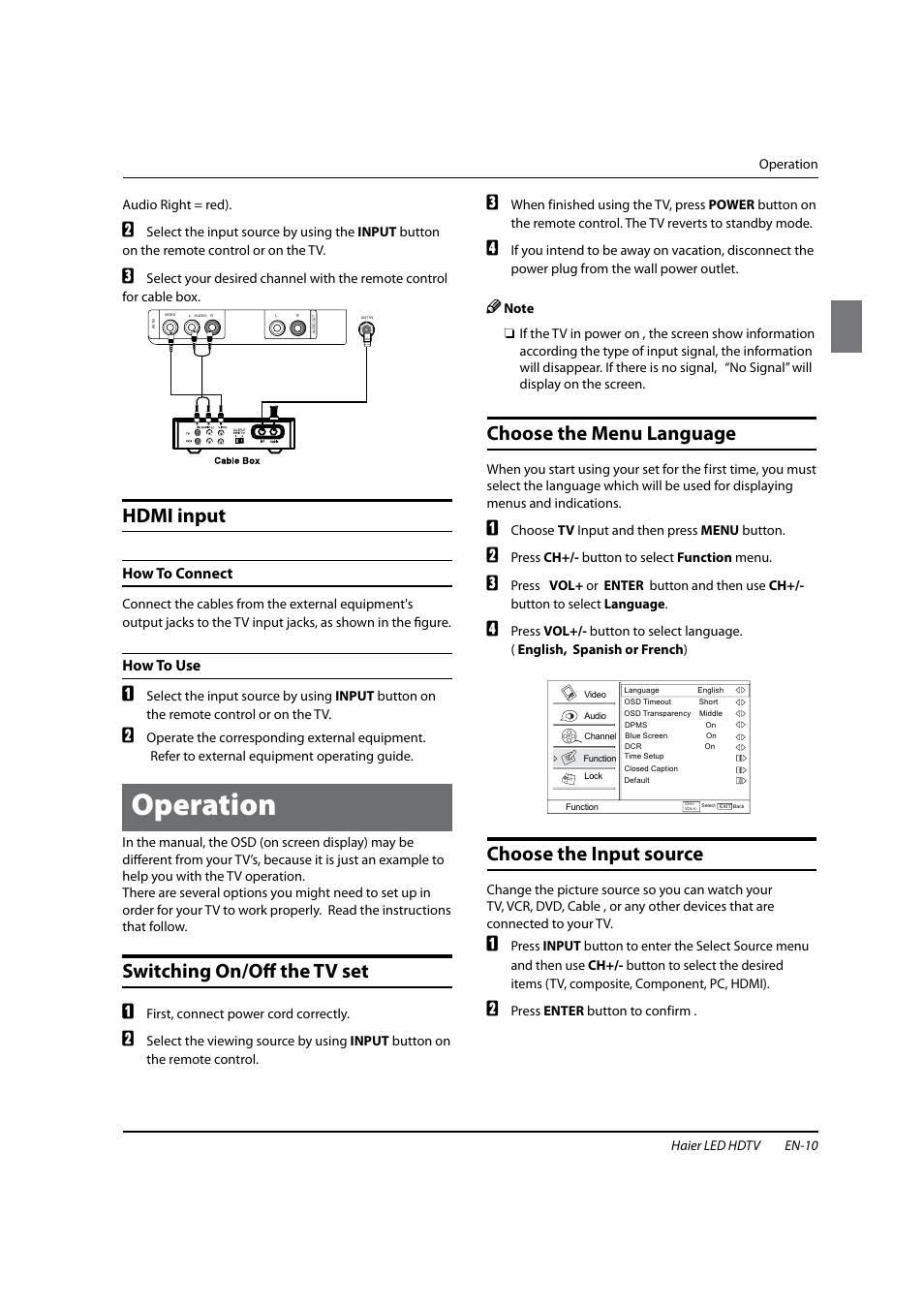 Operation, Hdmi input, Switching on/off the tv set | Choose the menu language, Choose the input source | haier HL22XSLW2 User Manual | Page 11 / 24