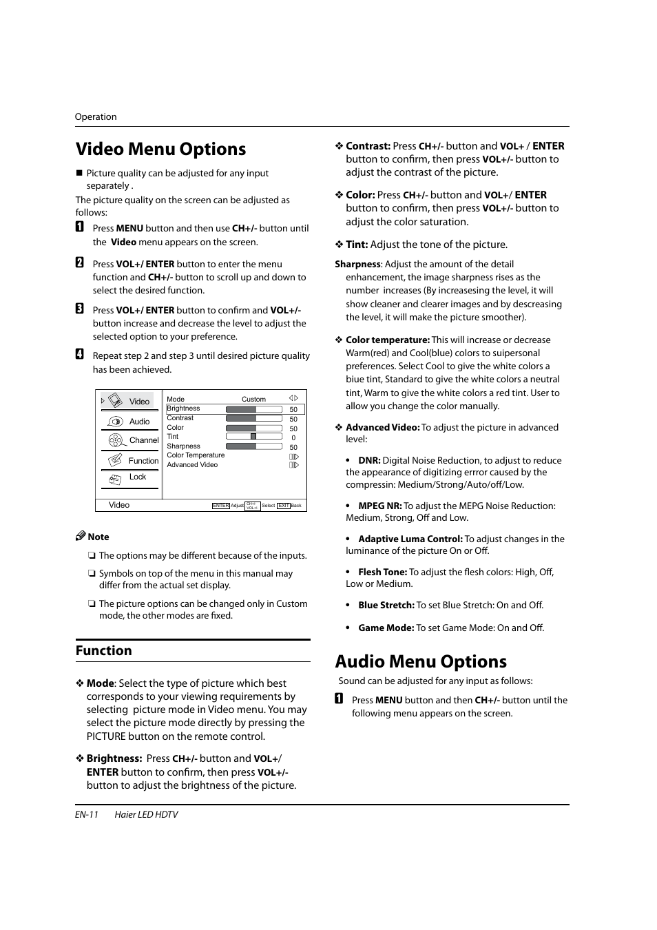 Video menu options, Audio menu options, Function | haier HL22XSLW2 User Manual | Page 12 / 24