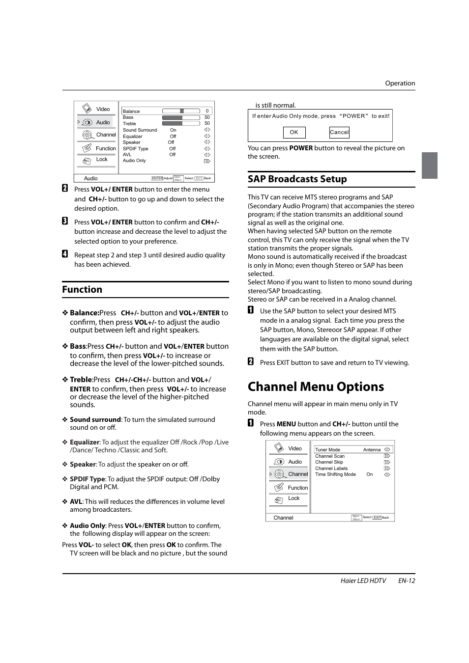 Channel menu options, Function, Sap broadcasts setup | haier HL22XSLW2 User Manual | Page 13 / 24