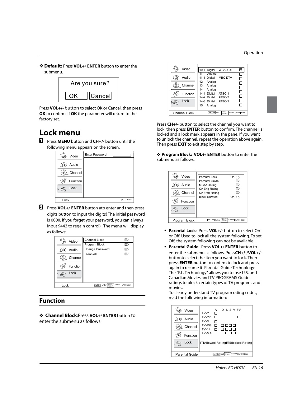 Lock menu, Function, Are you sure? ok cancel | Default: y, Button, Channel block y :press | haier HL22XSLW2 User Manual | Page 17 / 24