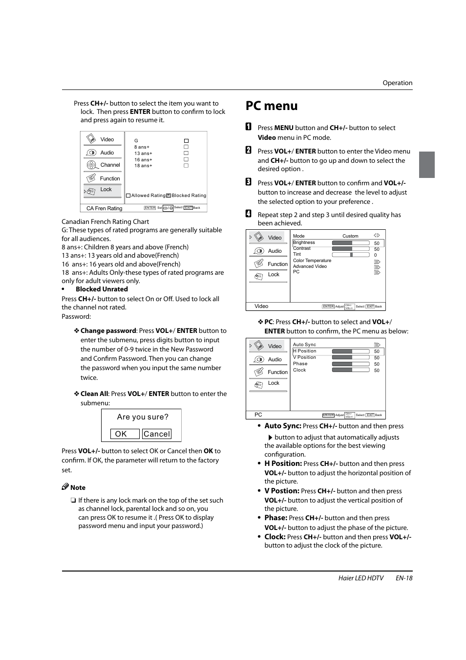 Pc menu, Auto sync: q, H position: q | V postion: q, Phase: q, Clock: q | haier HL22XSLW2 User Manual | Page 19 / 24