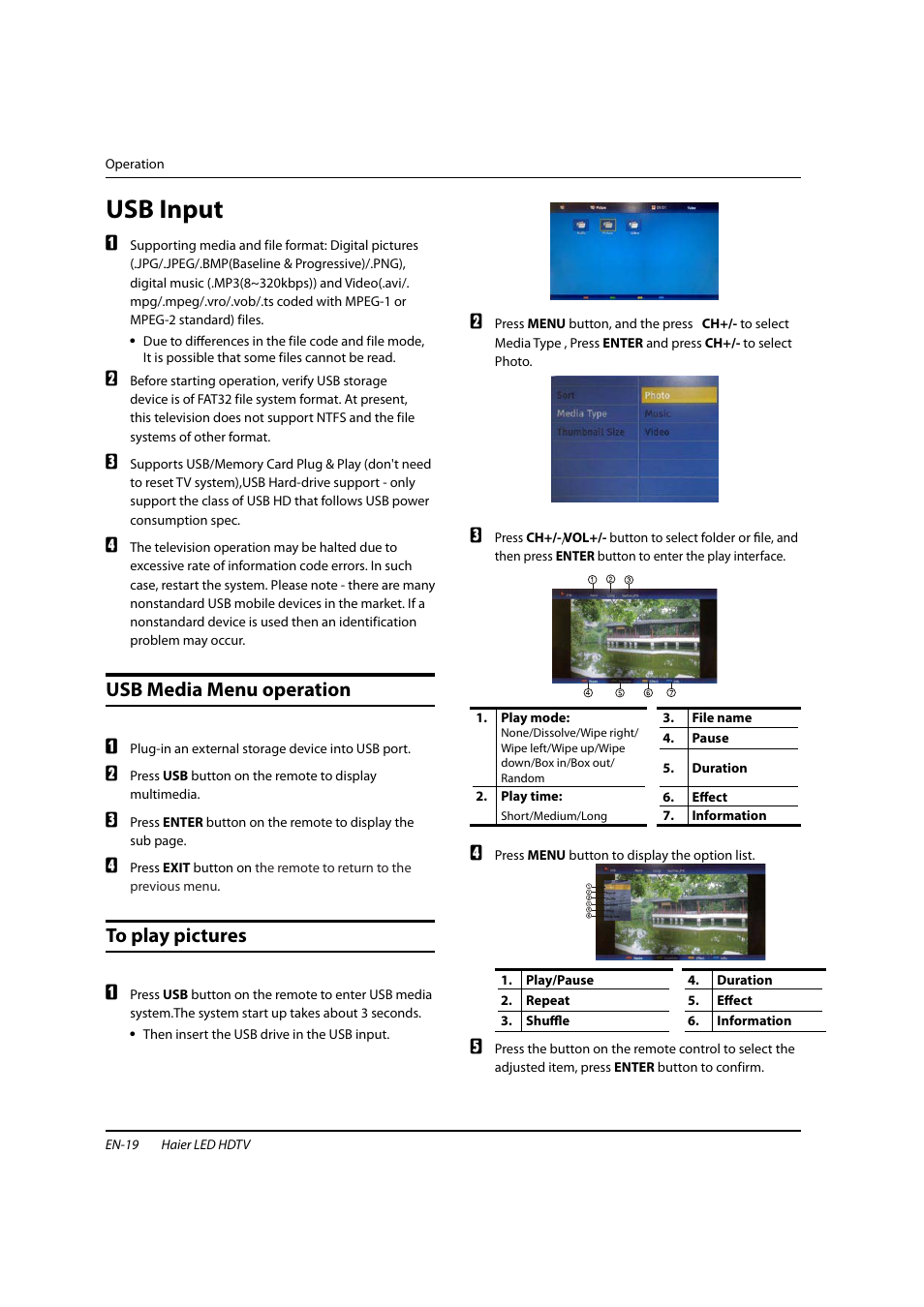Usb input, Usb media menu operation | haier HL22XSLW2 User Manual | Page 20 / 24